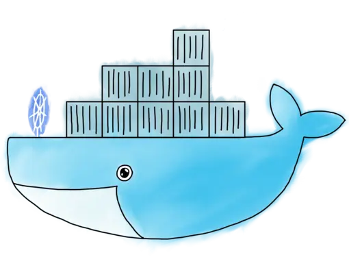 A drawn digital image of Moby the Docker whale with the Kubernetes ship wheel logo on the front.