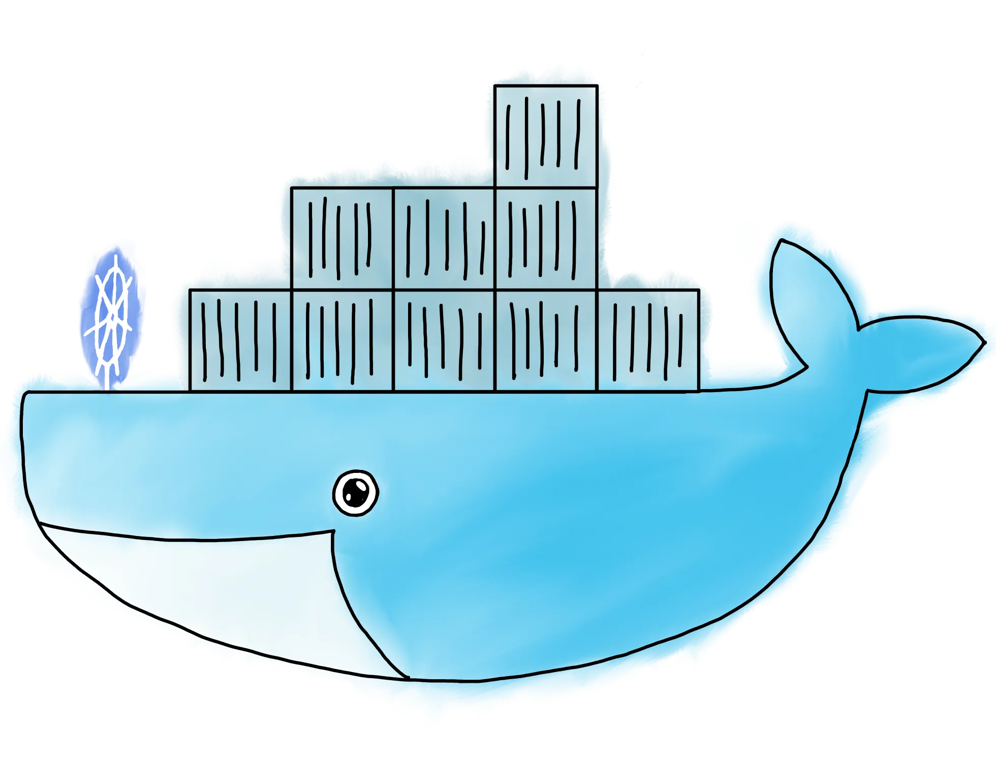 A drawn digital image of Moby the Docker whale with the Kubernetes ship wheel logo on the front.