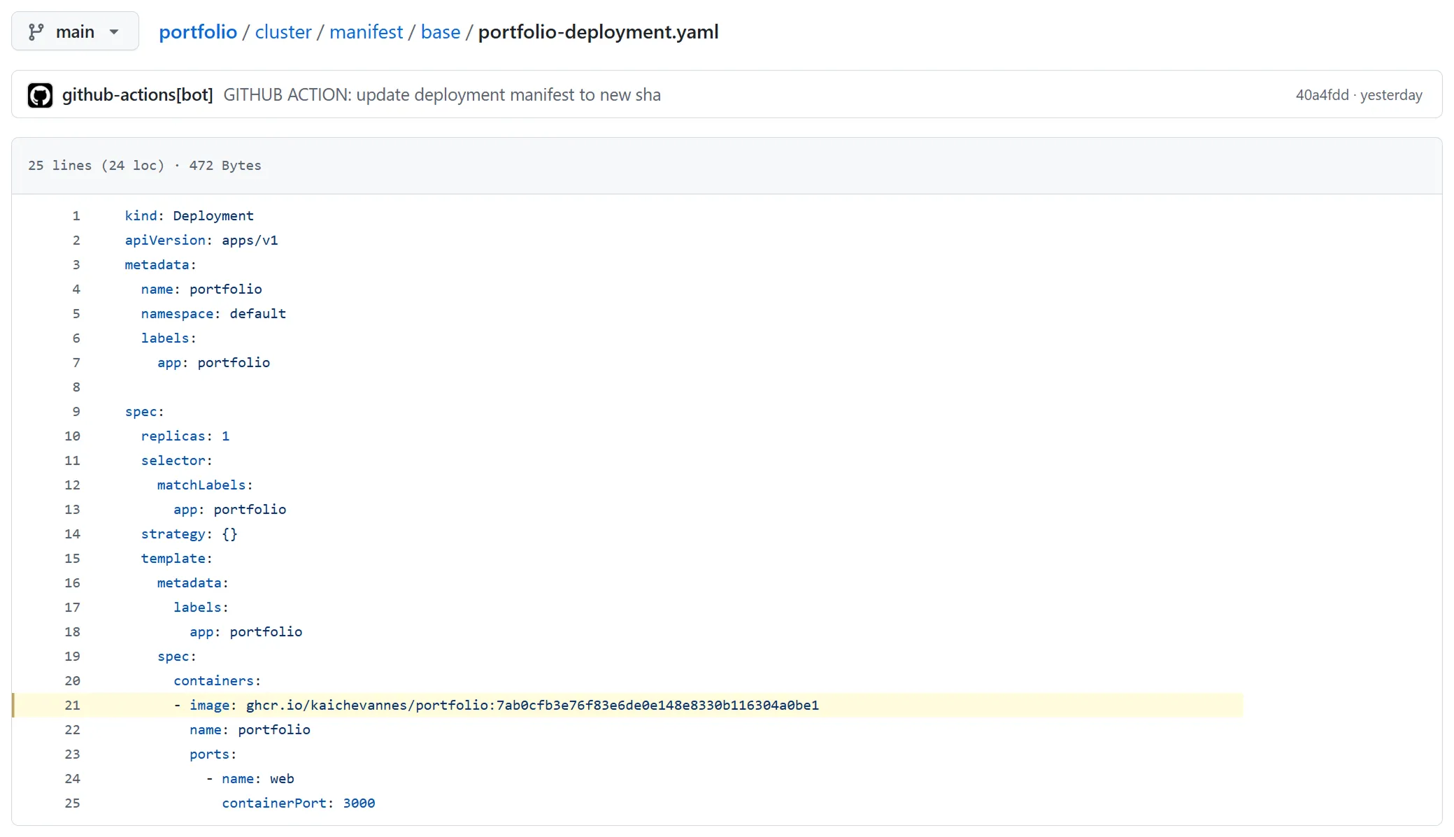 A screenshot of the portfolio GitHub repo showing the portfolio-deployment.yaml file. A highlighted line shows the image hash of the current version.