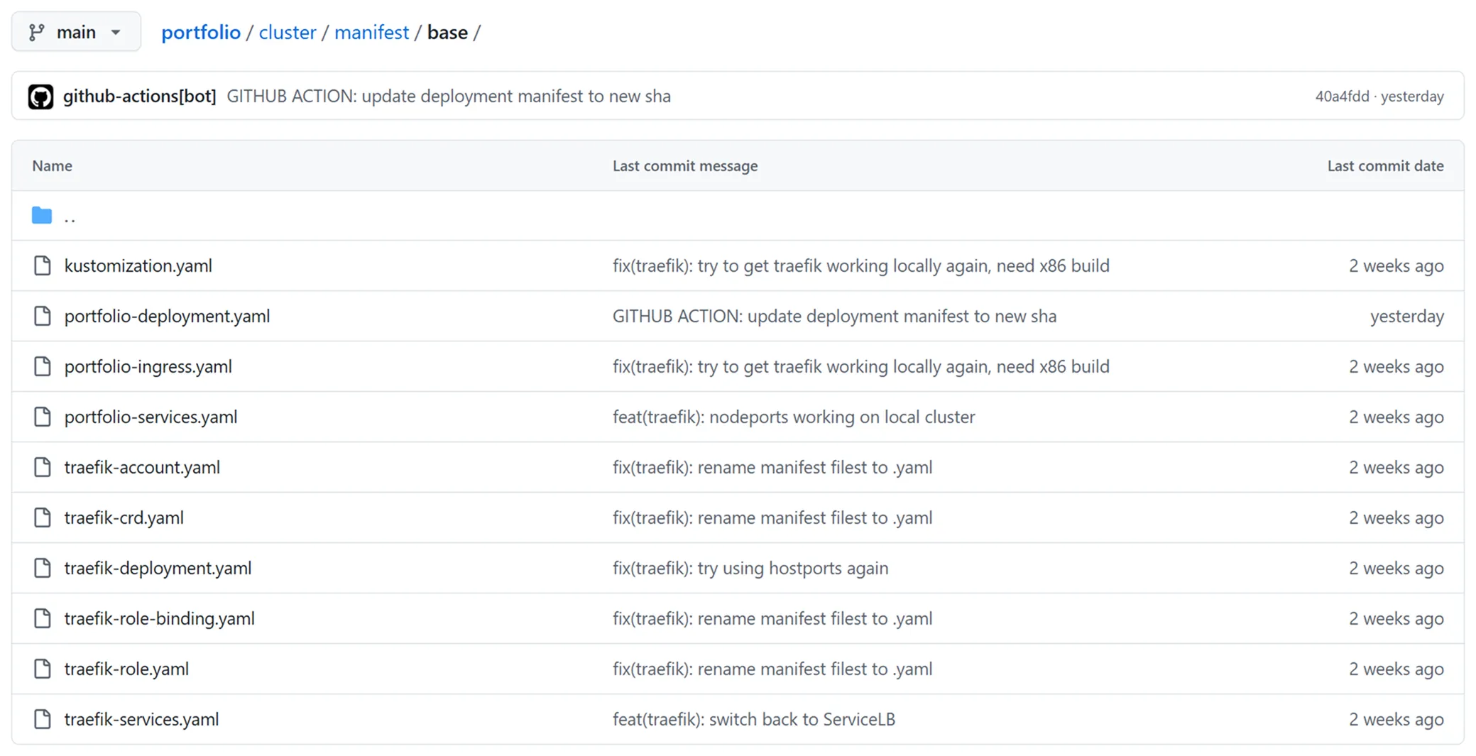 A screenshot of the portfolio GitHub repo showing a list of YAML manifest files.